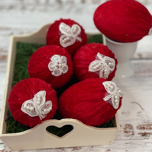 Velvet Set of 6 Easter Egg| Lipstick Red | Valentines Day Vase Filler| Photo - Picture 14 of 16